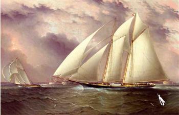 James E Buttersworth : Schooner Racing off New York Harbor